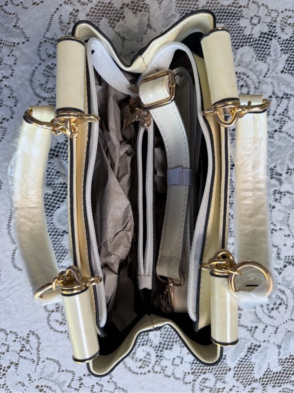 Cream Sequin Floral Satchel with Gold-Tone Accents